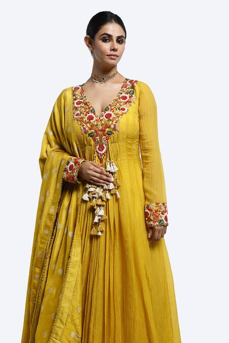 Onaya Yellow Crepe, Chiffon Tassels Floral Thread Embroidered Anarkali And Dupatta Online at Aza Fashions Onaya_Yellow Crepe, Chiffon Tassels Floral Thread Embroidered Anarkali And Dupatta _Online_at_Aza_Fashions