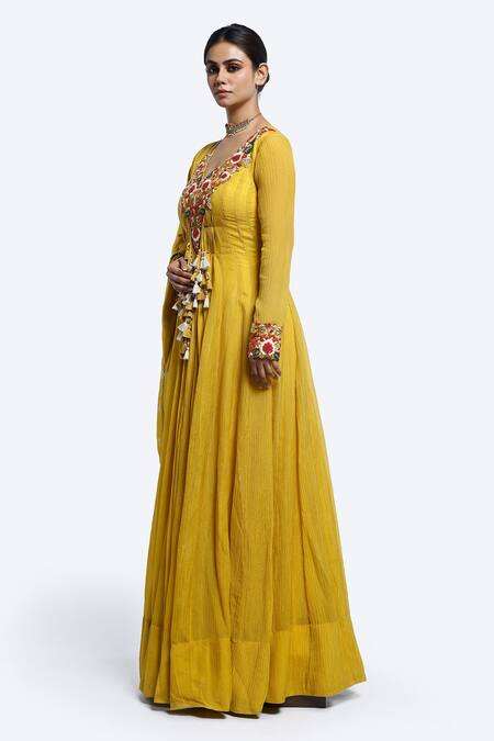Buy Onaya Yellow Crepe, Chiffon Tassels Floral Thread Embroidered Anarkali And Dupatta Online at Aza Fashions Buy_Onaya_Yellow Crepe, Chiffon Tassels Floral Thread Embroidered Anarkali And Dupatta _Online_at_Aza_Fashions