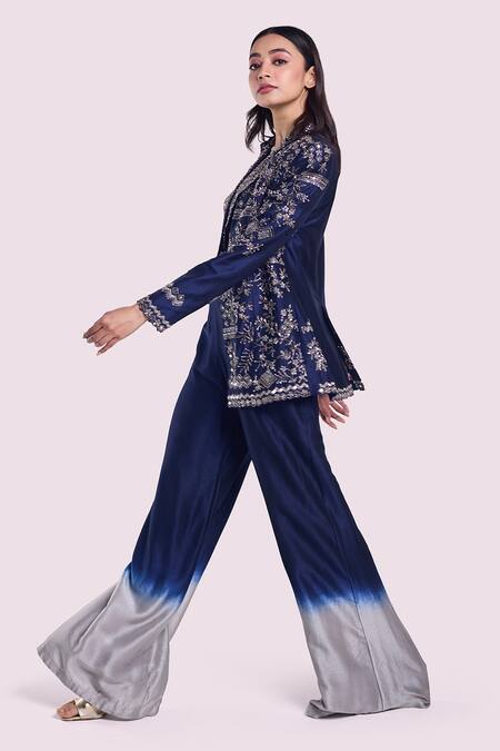 Onaya Navy Silk Cut Work, Mirrors, Sequins, Cutdana Embroidered Blazer And Pant Set Online at Aza Fashions Onaya_Navy Silk Cut Work, Mirrors, Sequins, Cutdana Embroidered Blazer And Pant Set_Online_at_Aza_Fashions