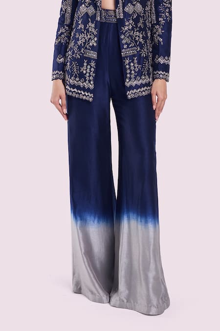 Shop Onaya Navy Silk Cut Work, Mirrors, Sequins, Cutdana Embroidered Blazer And Pant Set Online at Aza Fashions Shop_Onaya_Navy Silk Cut Work, Mirrors, Sequins, Cutdana Embroidered Blazer And Pant Set_Online_at_Aza_Fashions