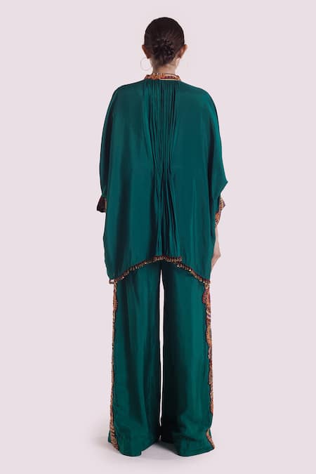 Shop Onaya Green Silk Sequins Mandarin Collar Embroidered Batwing Sleeve Set at Aza Fashions Shop_Onaya_Green Silk Sequins Mandarin Collar Embroidered Batwing Sleeve Set _at_Aza_Fashions