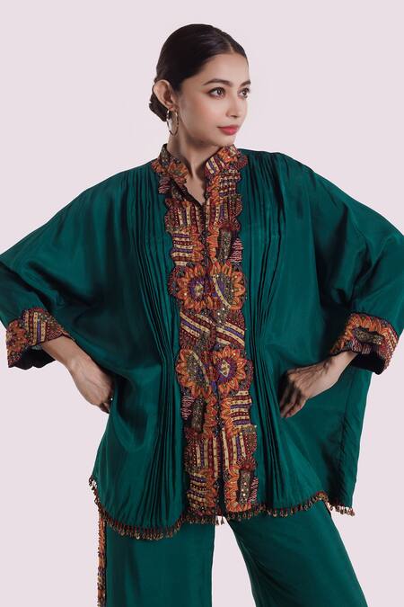 Shop Onaya Green Silk Sequins Mandarin Collar Embroidered Batwing Sleeve Set Online at Aza Fashions Shop_Onaya_Green Silk Sequins Mandarin Collar Embroidered Batwing Sleeve Set _Online_at_Aza_Fashions