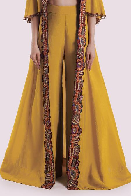 Onaya_Yellow Silk Sequins, Embroidery Open , Sweetheart Jacket Set _Online_at_Aza_Fashions
