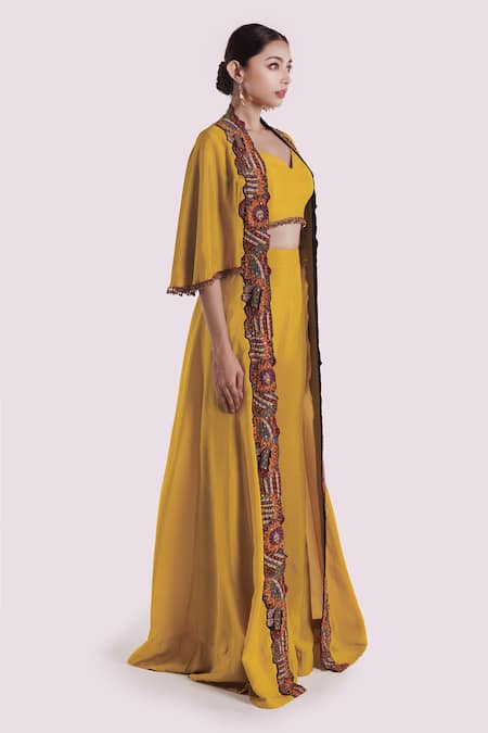 Buy_Onaya_Yellow Silk Sequins, Embroidery Open , Sweetheart Jacket Set _Online_at_Aza_Fashions