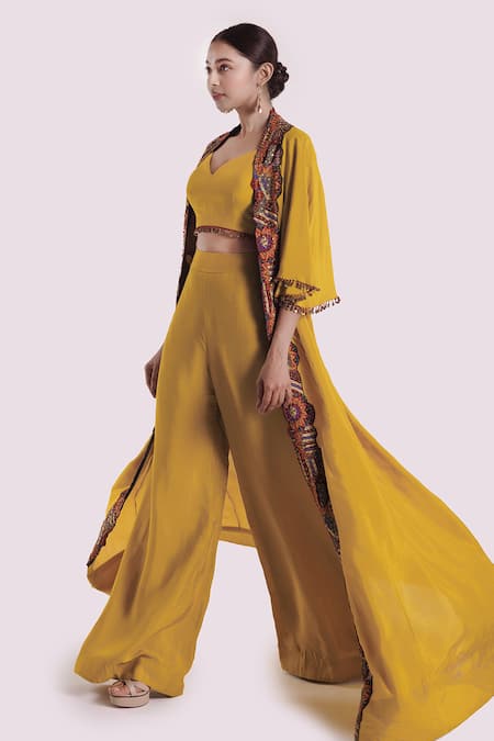 Shop_Onaya_Yellow Silk Sequins, Embroidery Open , Sweetheart Jacket Set _Online_at_Aza_Fashions