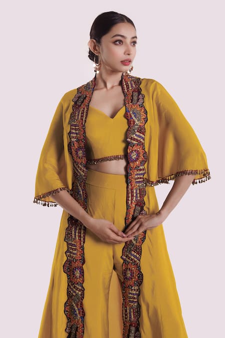 Onaya_Yellow Silk Sequins, Embroidery Open , Sweetheart Jacket Set _at_Aza_Fashions