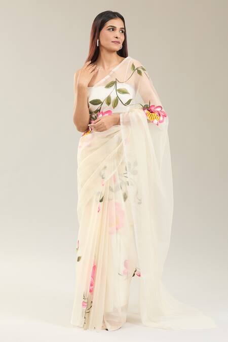 Buy Samyukta Singhania Cream Organza Floral Handpainted Saree Online at Aza Fashions Buy_Samyukta Singhania_Cream Organza Floral Handpainted Saree_Online_at_Aza_Fashions