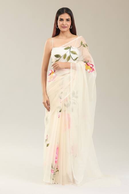 Shop Samyukta Singhania Cream Organza Floral Handpainted Saree Online at Aza Fashions Shop_Samyukta Singhania_Cream Organza Floral Handpainted Saree_Online_at_Aza_Fashions