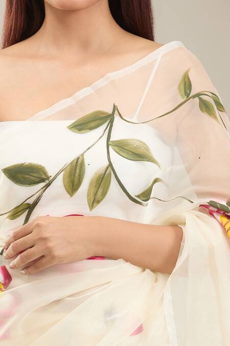 Samyukta Singhania Cream Organza Floral Handpainted Saree at Aza Fashions Samyukta Singhania_Cream Organza Floral Handpainted Saree_at_Aza_Fashions