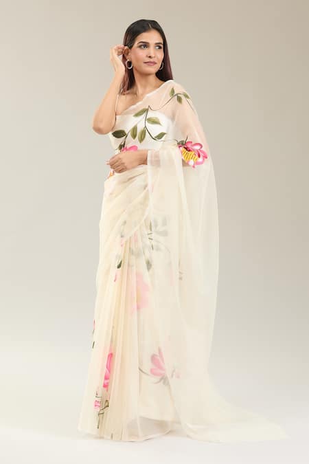 Samyukta Singhania Divena Floral Handpainted Organza Saree With Running Blouse Piece 