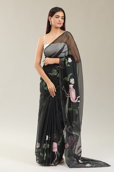 Samyukta Singhania Divena Flamingo Bloom Handpainted Saree With Running Blouse Piece 