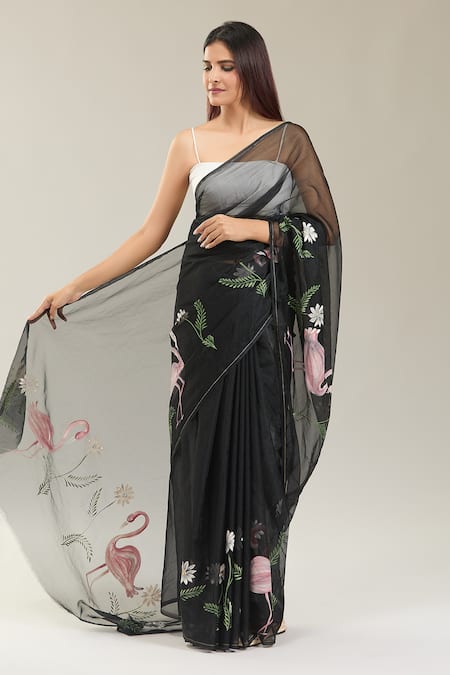 Buy_Naintara Bajaj_Black Organza Flamingo Bloom Handpainted Saree _Online_at_Aza_Fashions