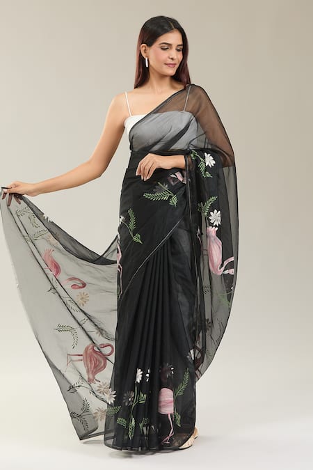 Shop_Naintara Bajaj_Black Organza Flamingo Bloom Handpainted Saree _Online_at_Aza_Fashions