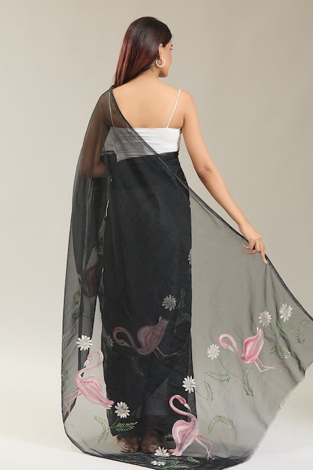 Shop_Naintara Bajaj_Black Organza Flamingo Bloom Handpainted Saree _at_Aza_Fashions