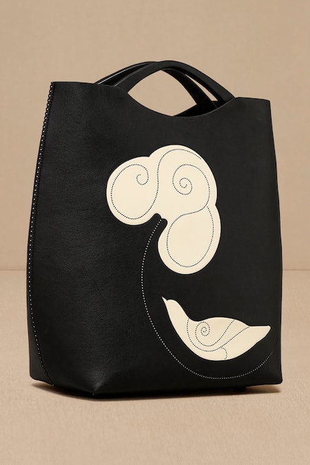Ampm Black Embroidery Inlay Work Tote Bag at Aza Fashions Ampm_Black Embroidery Inlay Work Tote Bag _at_Aza_Fashions
