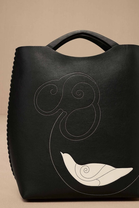 Shop Ampm Black Embroidery Inlay Work Tote Bag Shop_Ampm_Black Embroidery Inlay Work Tote Bag