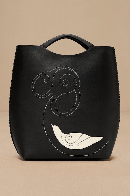 Shop Ampm Black Embroidery Inlay Work Tote Bag at Aza Fashions Shop_Ampm_Black Embroidery Inlay Work Tote Bag _at_Aza_Fashions
