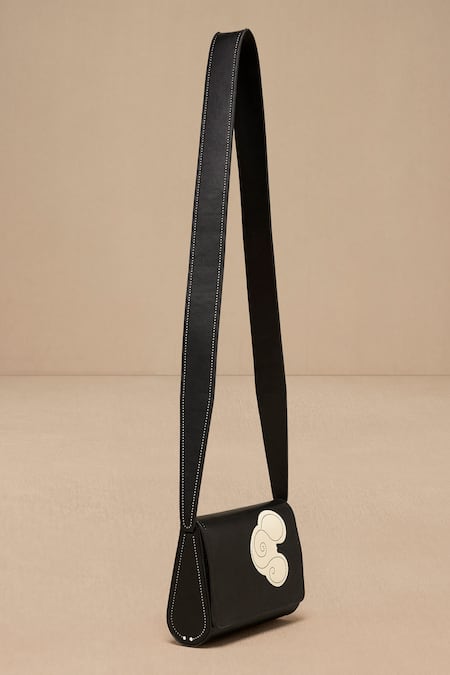 Ampm_Black Embroidery Inlay Work Sling Bag _Online_at_Aza_Fashions