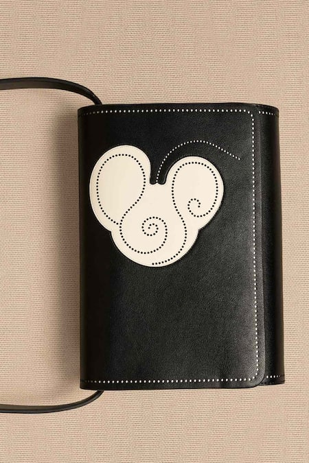 Ampm_Black Embroidery Inlay Work Sling Bag _at_Aza_Fashions