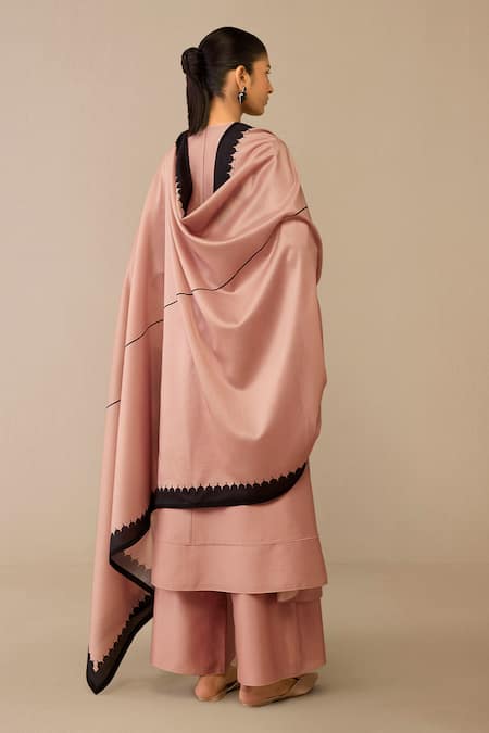 Shop Ampm Pink Chanderi Piping, Embroidery V-neck Blush Bird Flower Kurta Palazzo Set at Aza Fashions Shop_Ampm_Pink Chanderi Piping, Embroidery V-neck Blush Bird Flower Kurta Palazzo Set _at_Aza_Fashions