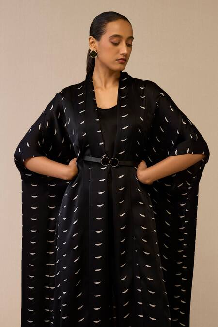 Ampm Black Organza, Satin Crescent Pattern Cape Palazzo Set at Aza Fashions Ampm_Black Organza, Satin Crescent Pattern Cape Palazzo Set _at_Aza_Fashions