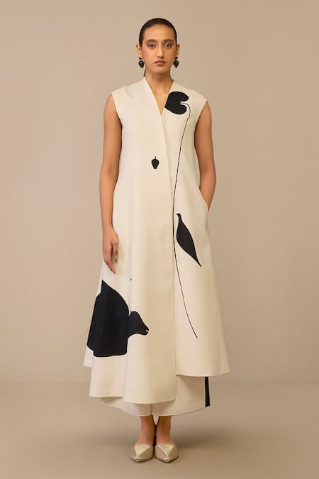Shop Ampm Ivory Cotton, Linen Embroidery Asymmetric Cow Patterned Jacket And Palazzo Set Online at Aza Fashions Shop_Ampm_Ivory Cotton, Linen Embroidery Asymmetric Cow Patterned Jacket And Palazzo Set _Online_at_Aza_Fashions