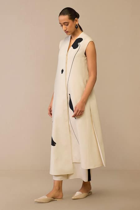 Ampm Ivory Cotton, Linen Embroidery Asymmetric Cow Patterned Jacket And Palazzo Set at Aza Fashions Ampm_Ivory Cotton, Linen Embroidery Asymmetric Cow Patterned Jacket And Palazzo Set _at_Aza_Fashions