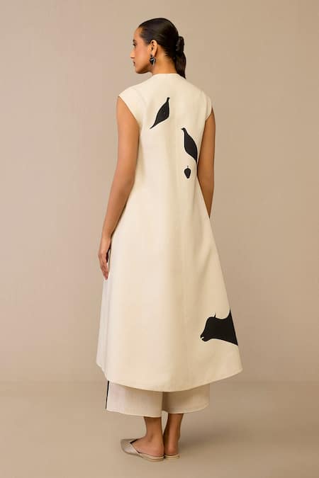 Shop Ampm Ivory Cotton, Linen Embroidery Asymmetric Cow Patterned Jacket And Palazzo Set at Aza Fashions Shop_Ampm_Ivory Cotton, Linen Embroidery Asymmetric Cow Patterned Jacket And Palazzo Set _at_Aza_Fashions