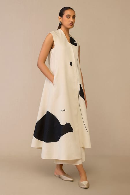 Buy Ampm Ivory Cotton, Linen Embroidery Asymmetric Cow Patterned Jacket And Palazzo Set Buy_Ampm_Ivory Cotton, Linen Embroidery Asymmetric Cow Patterned Jacket And Palazzo Set