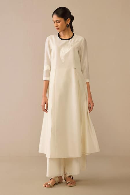 Shop Ampm Ivory Chanderi Embroidery Round Neck Kurta Palazzo Set Online at Aza Fashions Shop_Ampm_Ivory Chanderi Embroidery Round Neck Kurta Palazzo Set _Online_at_Aza_Fashions