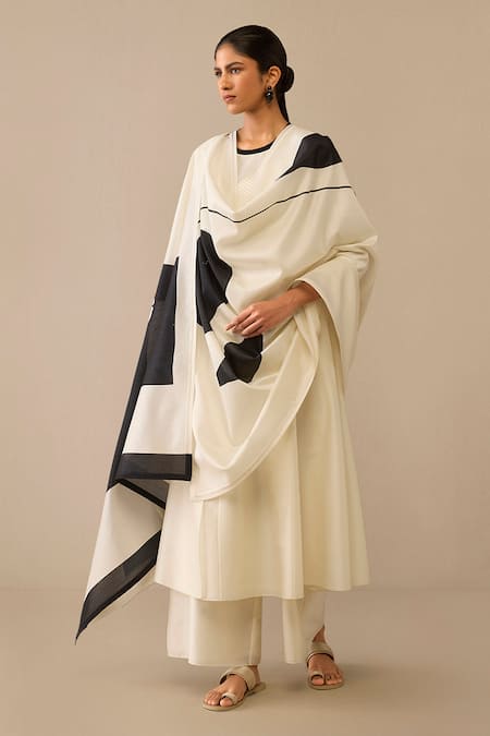 Ampm Ivory Chanderi Embroidery Round Neck Kurta Palazzo Set at Aza Fashions Ampm_Ivory Chanderi Embroidery Round Neck Kurta Palazzo Set _at_Aza_Fashions