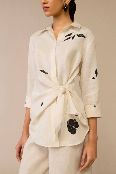 Ampm Ivory Linen Embroidery Collared Flower Pattern Side Tie Shirt And Dhoti Pant Online at Aza Fashions Ampm_Ivory Linen Embroidery Collared Flower Pattern Side Tie Shirt And Dhoti Pant _Online_at_Aza_Fashions