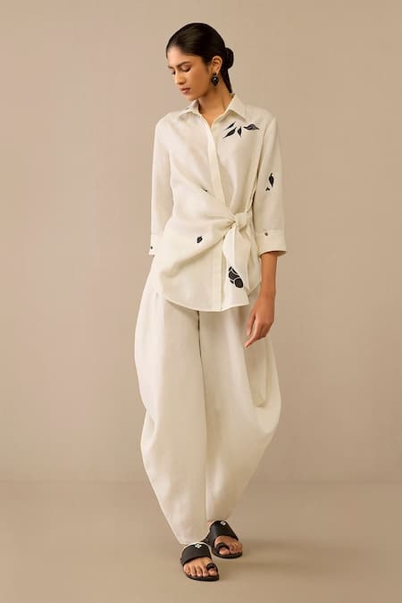 Buy Ampm Ivory Linen Embroidery Collared Flower Pattern Side Tie Shirt And Dhoti Pant Online at Aza Fashions Buy_Ampm_Ivory Linen Embroidery Collared Flower Pattern Side Tie Shirt And Dhoti Pant _Online_at_Aza_Fashions