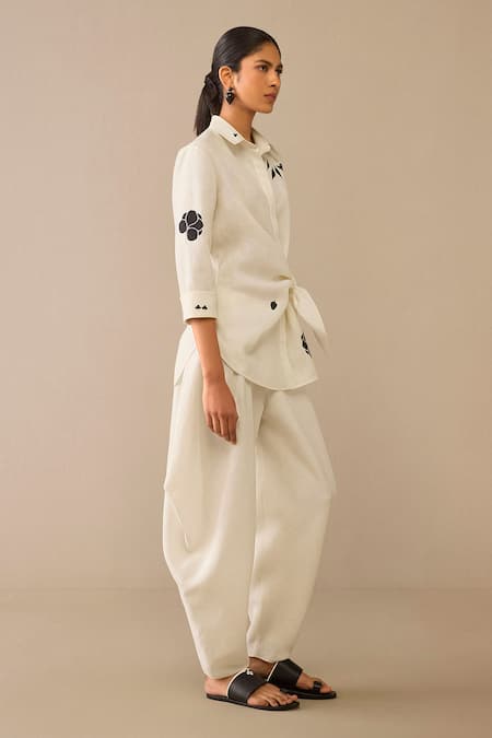 Shop Ampm Ivory Linen Embroidery Collared Flower Pattern Side Tie Shirt And Dhoti Pant Online at Aza Fashions Shop_Ampm_Ivory Linen Embroidery Collared Flower Pattern Side Tie Shirt And Dhoti Pant _Online_at_Aza_Fashions