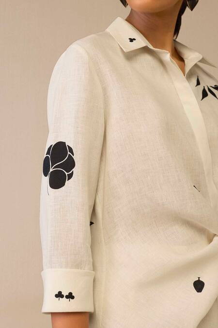 Buy Ampm Ivory Linen Embroidery Collared Flower Pattern Side Tie Shirt And Dhoti Pant Buy_Ampm_Ivory Linen Embroidery Collared Flower Pattern Side Tie Shirt And Dhoti Pant