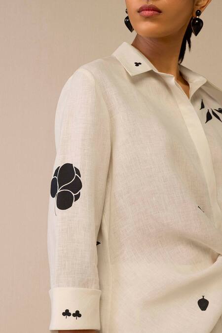 Ampm Ivory Linen Embroidery Flower Pattern Side Tie Shirt Online at Aza Fashions Ampm_Ivory Linen Embroidery Flower Pattern Side Tie Shirt _Online_at_Aza_Fashions