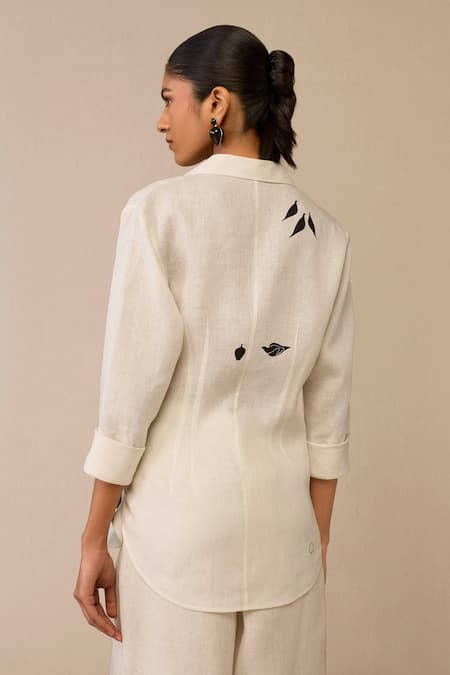 Shop Ampm Ivory Linen Embroidery Flower Pattern Side Tie Shirt at Aza Fashions Shop_Ampm_Ivory Linen Embroidery Flower Pattern Side Tie Shirt _at_Aza_Fashions