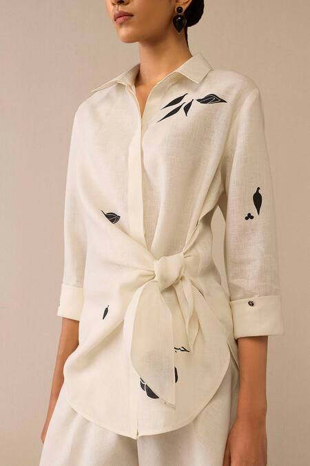Buy Ampm Ivory Linen Embroidery Flower Pattern Side Tie Shirt Online at Aza Fashions Buy_Ampm_Ivory Linen Embroidery Flower Pattern Side Tie Shirt _Online_at_Aza_Fashions