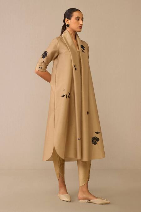 Shop Ampm Beige Chanderi Embroidery Bird Scatter Cape Dhoti Pant Set Online at Aza Fashions Shop_Ampm_Beige Chanderi Embroidery Bird Scatter Cape Dhoti Pant Set _Online_at_Aza_Fashions