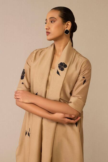 Ampm Beige Chanderi Embroidery Bird Scatter Cape Dhoti Pant Set at Aza Fashions Ampm_Beige Chanderi Embroidery Bird Scatter Cape Dhoti Pant Set _at_Aza_Fashions