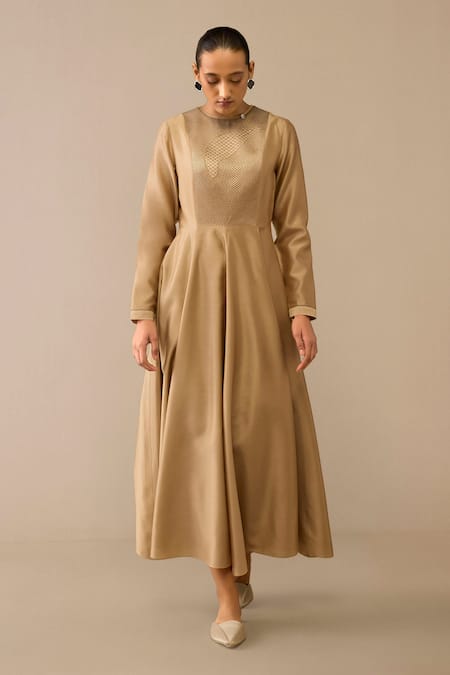Ampm Beige Chanderi Round Neck Quilted Embroidered Midi Dress Online at Aza Fashions Ampm_Beige Chanderi Round Neck Quilted Embroidered Midi Dress_Online_at_Aza_Fashions