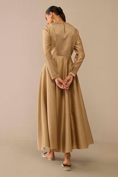 Shop Ampm Beige Chanderi Round Neck Quilted Embroidered Midi Dress at Aza Fashions Shop_Ampm_Beige Chanderi Round Neck Quilted Embroidered Midi Dress_at_Aza_Fashions