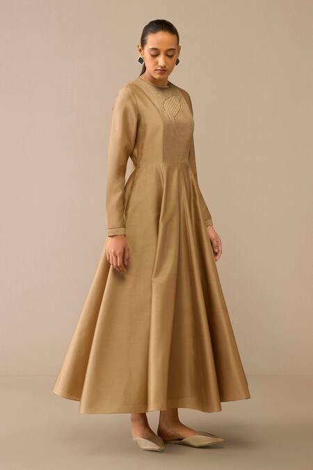 Buy Ampm Beige Chanderi Round Neck Quilted Embroidered Midi Dress Online at Aza Fashions Buy_Ampm_Beige Chanderi Round Neck Quilted Embroidered Midi Dress_Online_at_Aza_Fashions