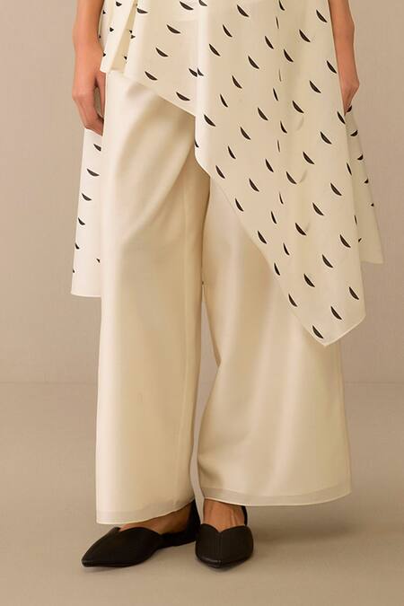 Ampm Ivory Chanderi Brooches, Zari Shawl Neck Asymmetric Tunic And Palazzo Set Online at Aza Fashions Ampm_Ivory Chanderi Brooches, Zari Shawl Neck Asymmetric Tunic And Palazzo Set _Online_at_Aza_Fashions