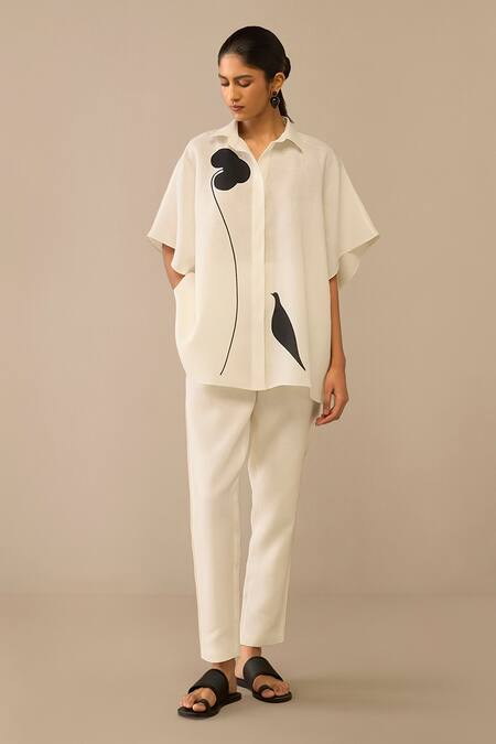 Ampm Ivory Cotton, Linen Shawl Neck Flared Shirt And Pant Set Online at Aza Fashions Ampm_Ivory Cotton, Linen Shawl Neck Flared Shirt And Pant Set _Online_at_Aza_Fashions
