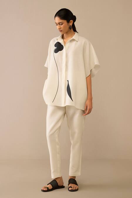 Shop Ampm Ivory Cotton, Linen Shawl Neck Flared Shirt And Pant Set Online at Aza Fashions Shop_Ampm_Ivory Cotton, Linen Shawl Neck Flared Shirt And Pant Set _Online_at_Aza_Fashions