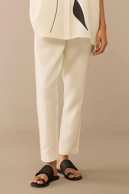 Ampm Ivory Cotton, Linen Shawl Neck Flared Shirt And Pant Set at Aza Fashions Ampm_Ivory Cotton, Linen Shawl Neck Flared Shirt And Pant Set _at_Aza_Fashions