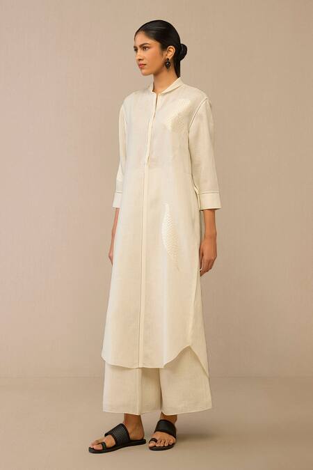 Ampm_Ivory Linen Embroidery Collared Bird Quilted Tunic And Palazzo Set_Online_at_Aza_Fashions