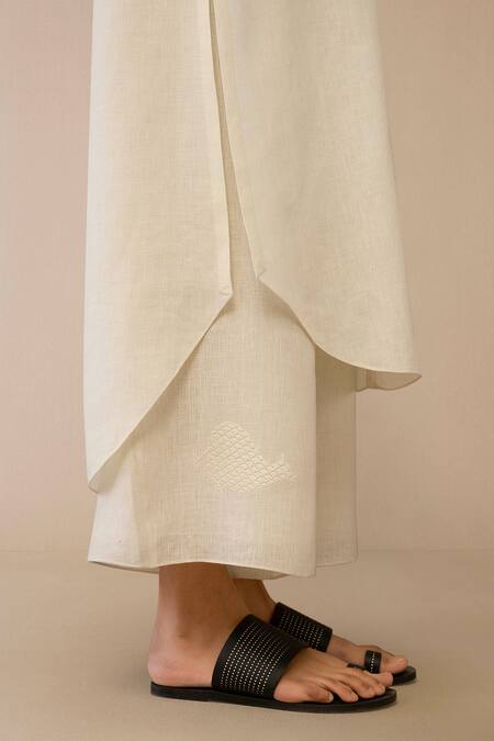 Shop_Ampm_Ivory Linen Embroidery Collared Bird Quilted Tunic And Palazzo Set_Online_at_Aza_Fashions
