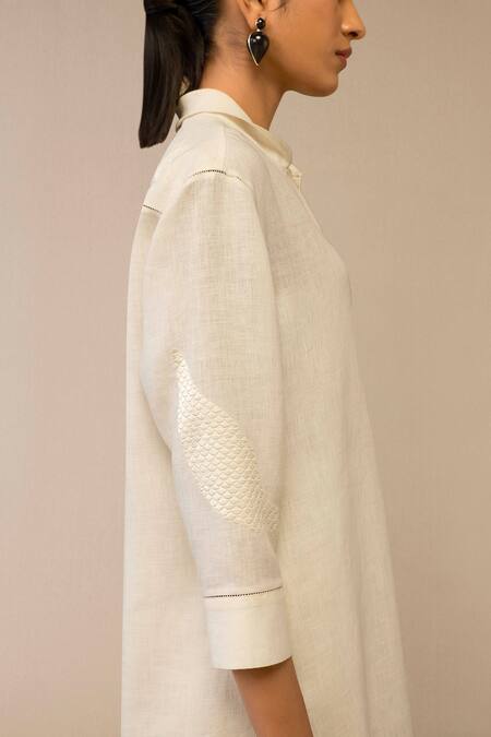 Ampm_Ivory Linen Embroidery Collared Bird Quilted Tunic And Palazzo Set_at_Aza_Fashions